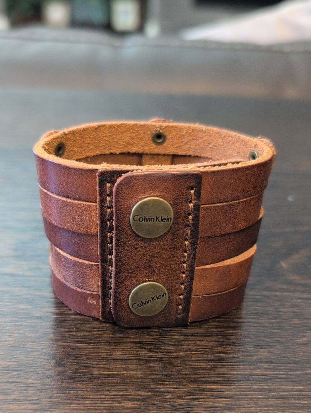 Calvin Klein Tan and Brown Layered Leather Cuff Bracelet